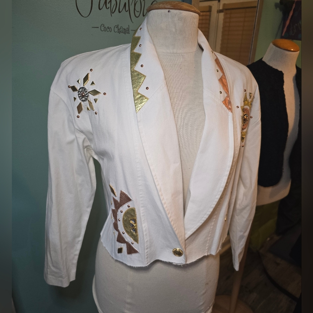 White Embellished Nancy Bolen Upcycled Denim Jacket - Picture 5 of 6